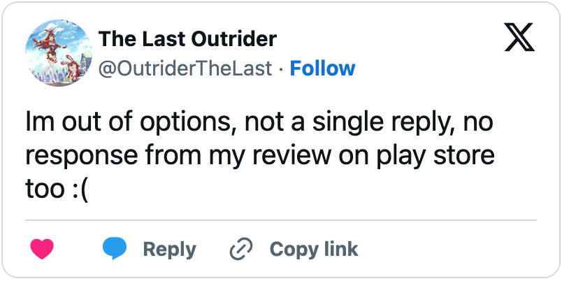 Tweet about developer not replying to reviews effectively